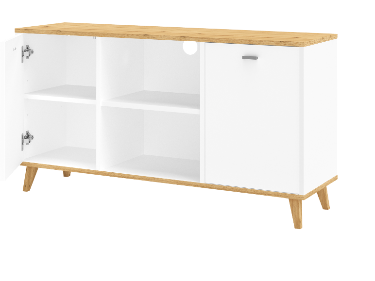 Buffet blanc moderne avec détails en bois et étagères ouvertes.