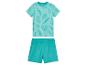 Ensemble short et t-shirt turquoise à motif feuilles tropicales.