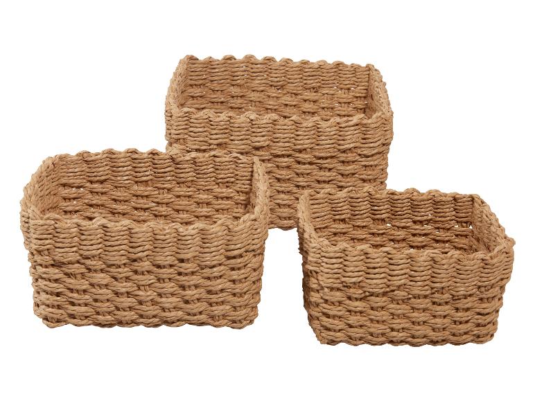 Ensemble de trois paniers de rangement rectangulaires tressés en marron naturel