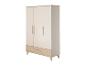 Armoire à trois portes avec un tiroir et des pieds en bois, dans des tons crème et bois clair.