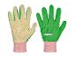 Une paire de gants de travail verts avec des points jaunes.