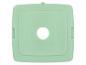 Couvercle vert clair avec un trou central et texte en relief.