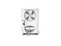 Un déshumidificateur blanc avec un ventilateur et un tuyau.