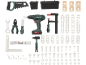 Ensemble d'outils jouets avec perceuse, scie, marteau, clé et vis.