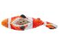 Un poisson en peluche à rayures orange et blanches, avec une fermeture éclair et une connexion USB.