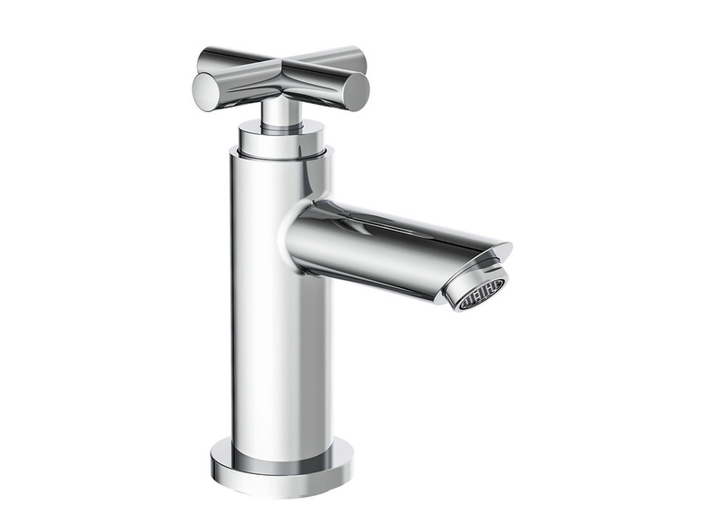 Un robinet de salle de bain chromé avec un bouton en croix.