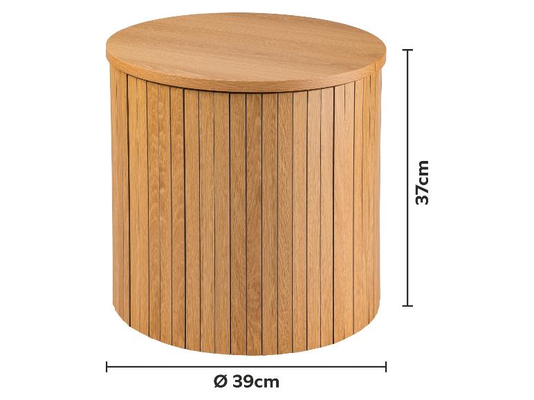 Table d'appoint ronde en bois clair avec lattes verticales, mesurant 37cm de haut et 39cm de diamètre.
