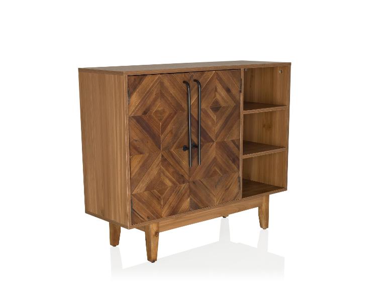 Meuble en bois avec portes à motif chevrons et étagères ouvertes