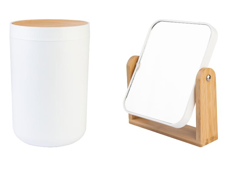 Boîte de rangement blanche avec couvercle en bambou et miroir de table avec support en bambou.