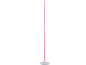 Un lampadaire blanc avec une bande lumineuse rose sur fond noir.