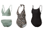 Trois maillots de bain : un bikini vert menthe, un maillot une pièce léopard et un maillot une pièce noir.