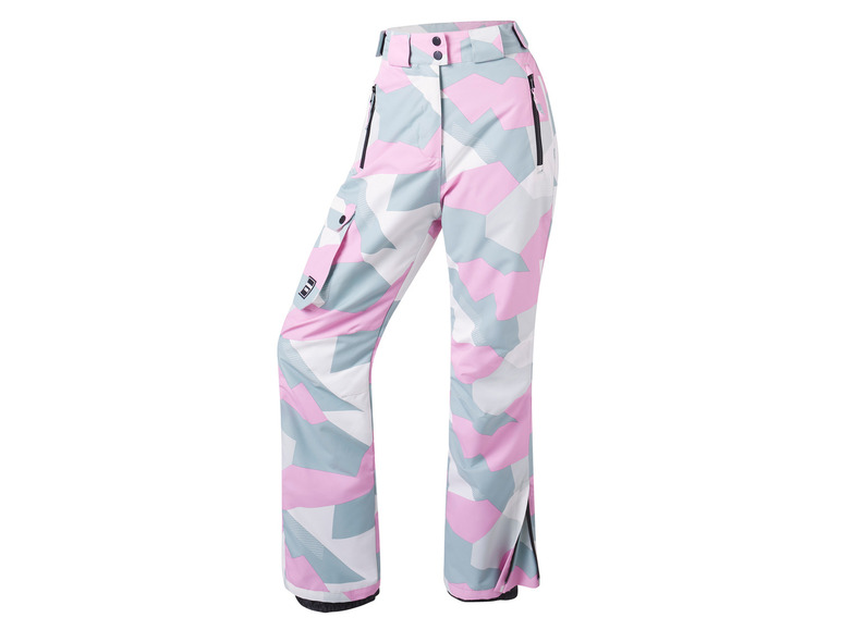 Pantalon de ski avec un motif camouflage rose et gris.