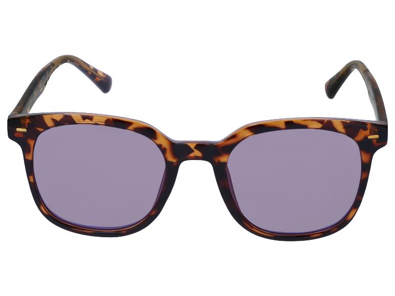 Lunettes de soleil avec monture écaille de tortue et verres violets.