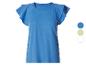 T-shirt bleu à manches courtes avec épaules froncées et col rond, avec des échantillons de couleur à côté.