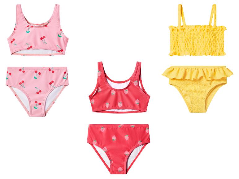 Ensembles de bikini pour enfants : rose cerises, rouge fraises et jaune à volants.