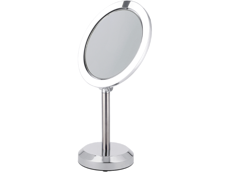 Miroir cosmétique sur pied rond avec éclairage LED et support chromé.