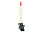 Bougie LED blanche avec flamme rouge et base à pince vert foncé.
