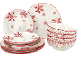 Service de table de Noël blanc et rouge avec motifs de flocons de neige.