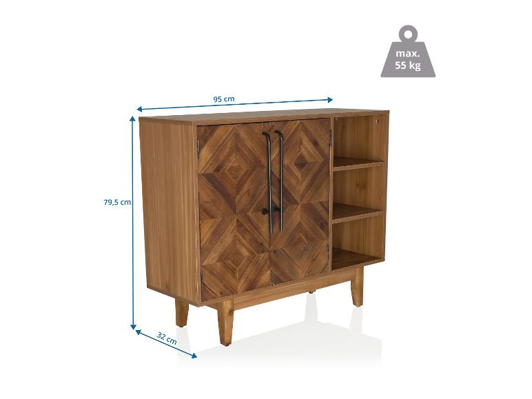 Meuble en bois avec deux portes et étagères ouvertes, dimensions 95x79,5x32 cm, charge max 55 kg.