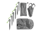 Kit de fixation pour tente avec piquets, cordes et sacs.