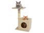 Chatons sur un arbre à chat beige avec plateforme et cube.