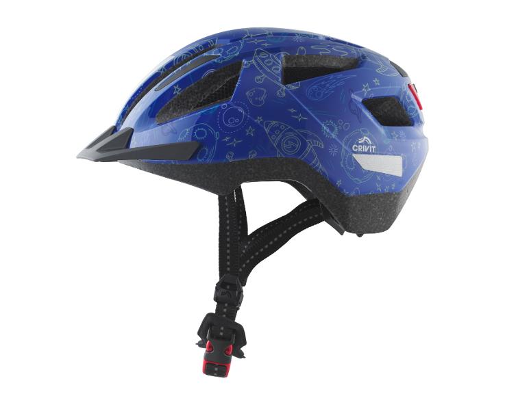 Casque de vélo bleu pour enfant avec motifs spatiaux et détails réfléchissants.