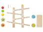 Jouet en bois avec piste à billes, pièces détachables et accessoires colorés.