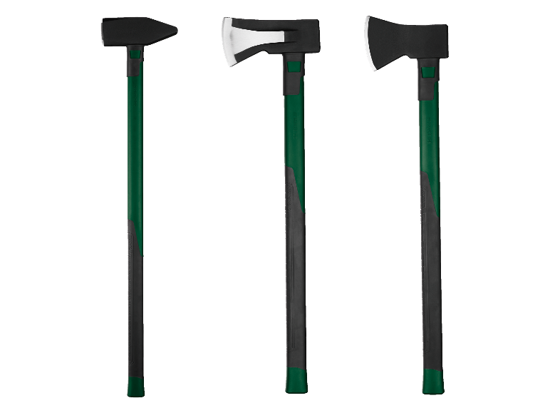 Trois outils Parkside : une masse et deux haches avec des manches verts.