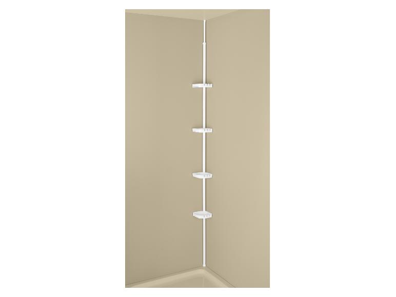 Étagère de douche télescopique d'angle blanche avec quatre paniers de rangement.