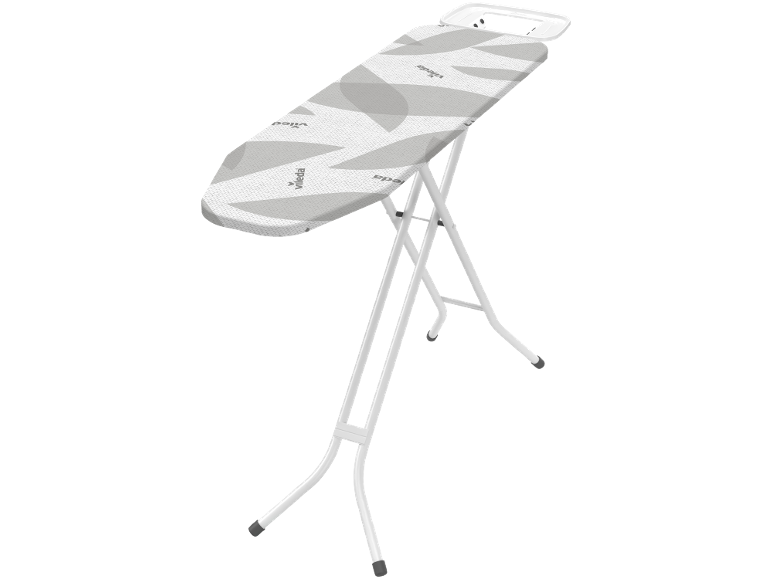Table à repasser pliable avec housse à motif gris et blanc.