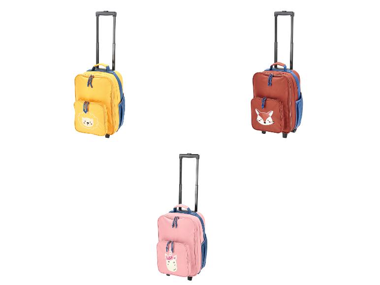 Trois valises à roulettes pour enfants : jaune avec un lion, marron avec un renard et rose avec une licorne.
