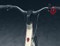 Le guidon d'un vélo électrique blanc avec des commandes.