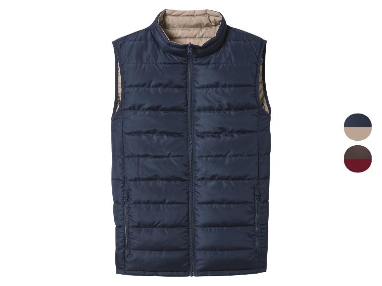 Gilet matelassé bleu foncé avec fermeture éclair et doublure beige, avec options de couleur.