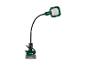 Lampe de travail LED flexible avec base de batterie et pince, verte et noire.