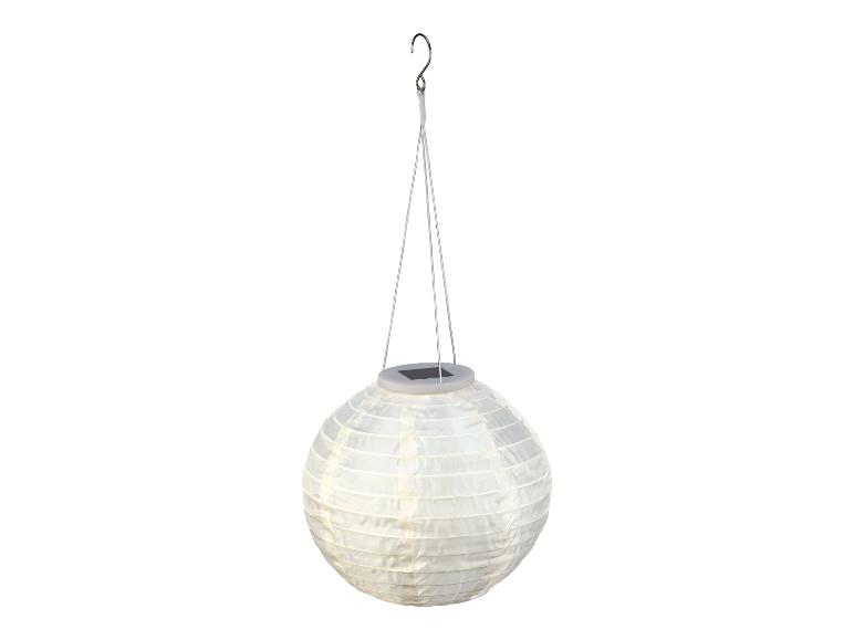 Lanterne solaire sphérique blanche, style papier, idéale pour la décoration extérieure.