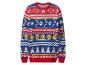Pull de Noël Lidl rouge et bleu avec motifs hivernaux et logos Lidl.