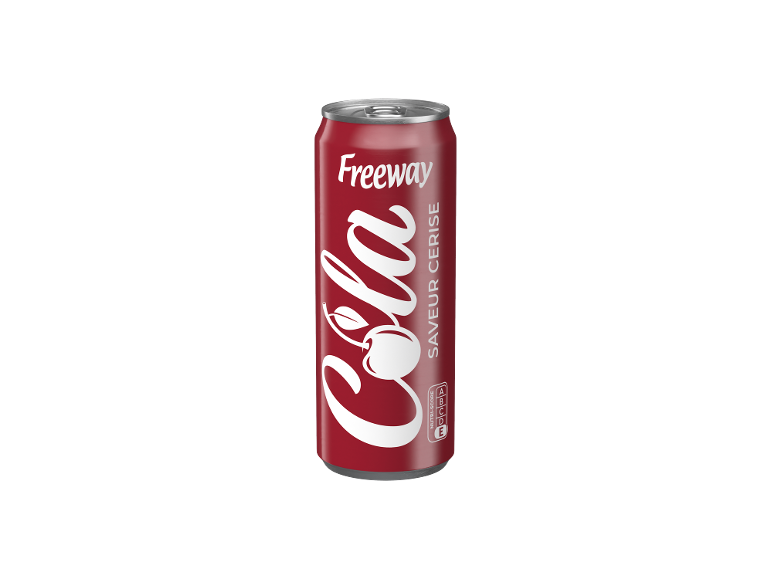 Canette de cola saveur cerise avec la mention « SANS SUCRE » et le Nutri-Score.