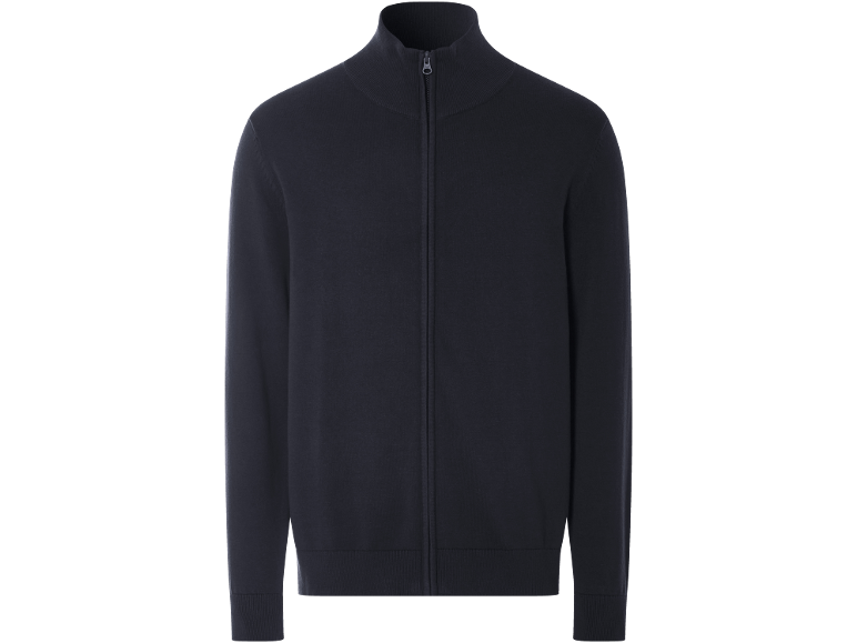 Cardigan en maille bleu foncé pour homme avec fermeture éclair et col montant.
