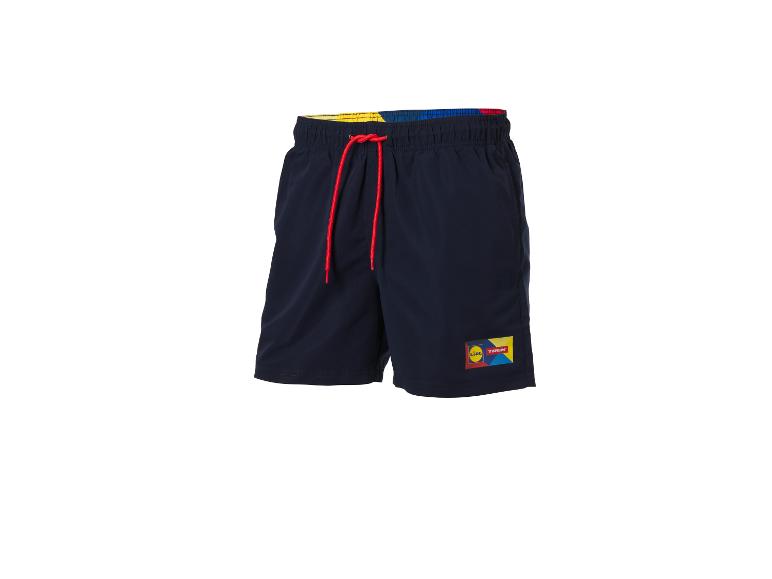 Short de bain bleu marine avec ceinture colorée et logo sur la jambe.