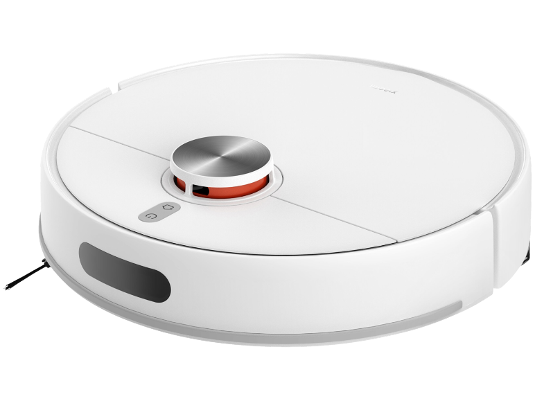 Aspirateur robot blanc avec un capteur laser sur le dessus.