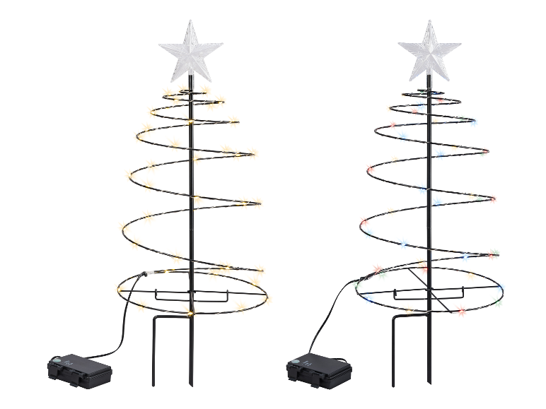 Deux arbres de Noël lumineux en spirale, l'un avec des lumières chaudes, l'autre avec des lumières multicolores.