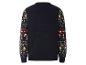Un pull de Noël bleu marine avec des motifs de bonhommes de neige et de sapins de Noël.