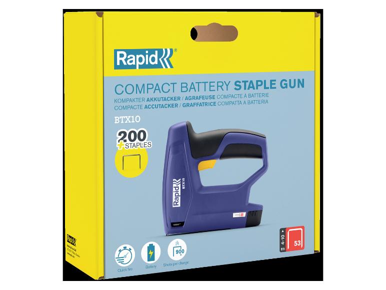 Agrafeuse compacte à batterie RAPID BTX10 avec 200 agrafes dans un emballage jaune.