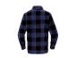 Dos d'une chemise polaire à carreaux bleus et noirs.