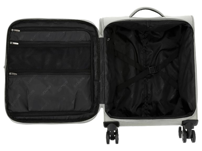 Intérieur ouvert d'une valise grise avec compartiments et sangles de fixation.