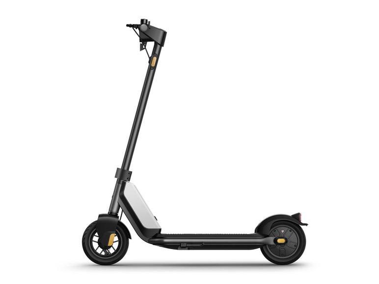 Une trottinette électrique noire avec des accents jaunes