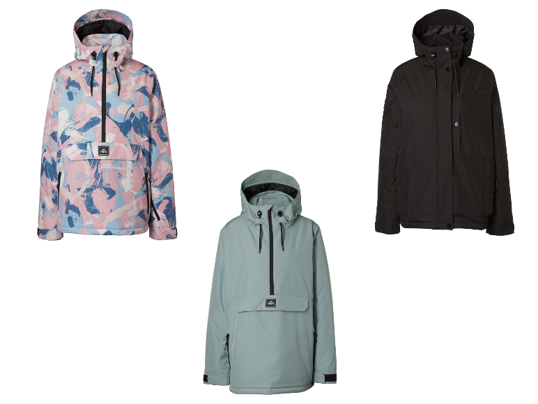 Vestes freeride femme CRIVIT : rose à motifs, bleu clair et noir.