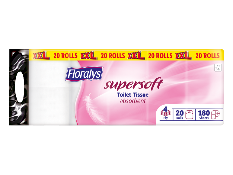 Paquet XXL de papier toilette supersoft de 20 rouleaux, 4 épaisseurs et 180 feuilles, absorbant.