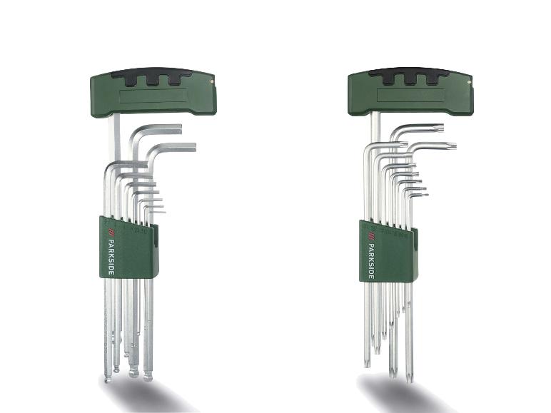 Jeu de clés Allen et Torx dans des supports verts, avec tailles visibles.