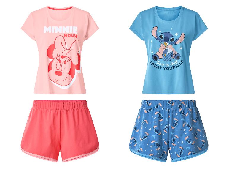 Pyjamas femme avec t-shirt et short : un rose avec Minnie Mouse et un bleu avec Stitch.
